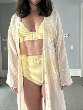 Yellow Striped High-Waist Bikini Cover-Up Set